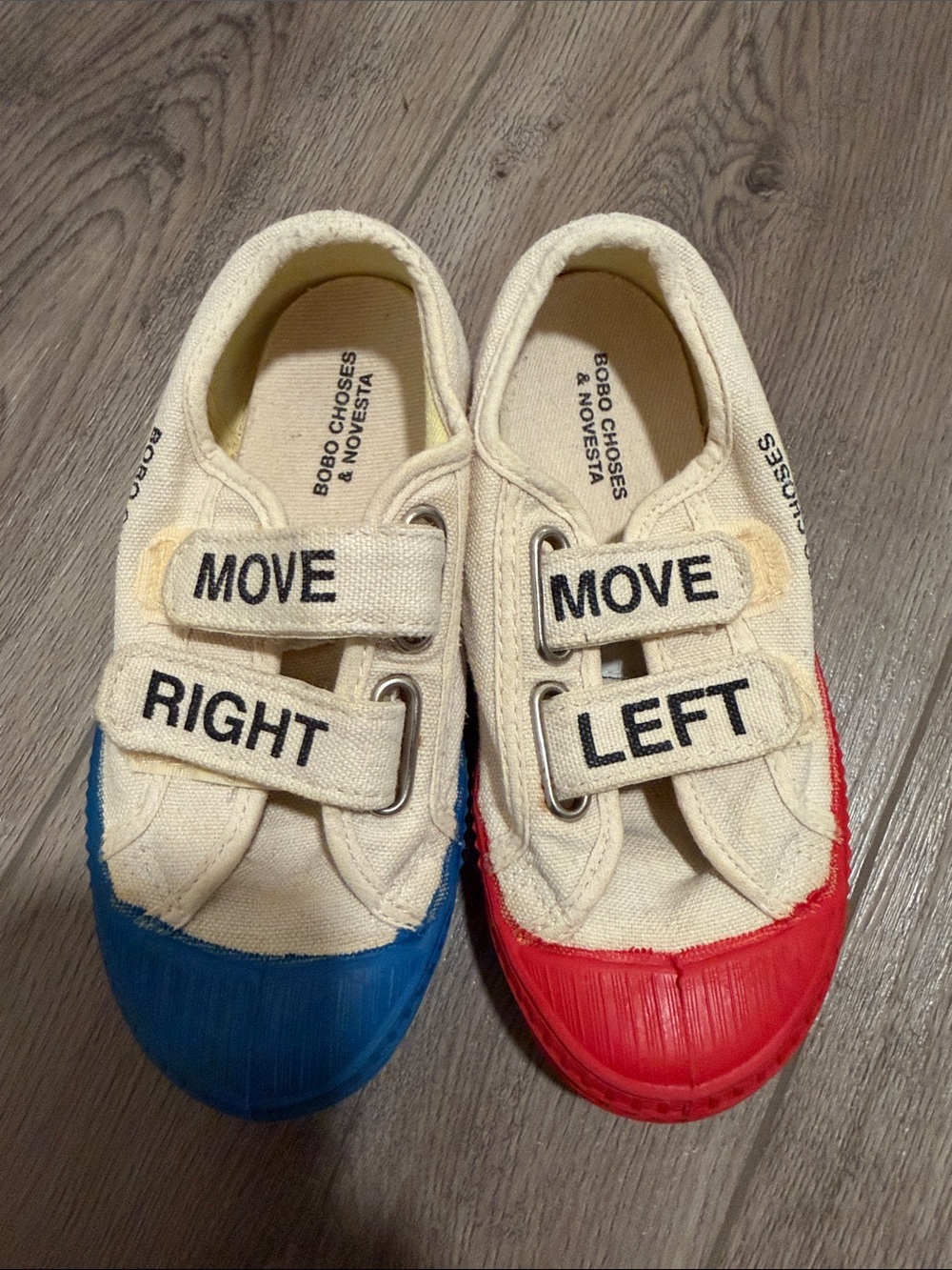 Bobo Choses Cream Canvas Sneakers with Blue Right Toe & Red Left Toe